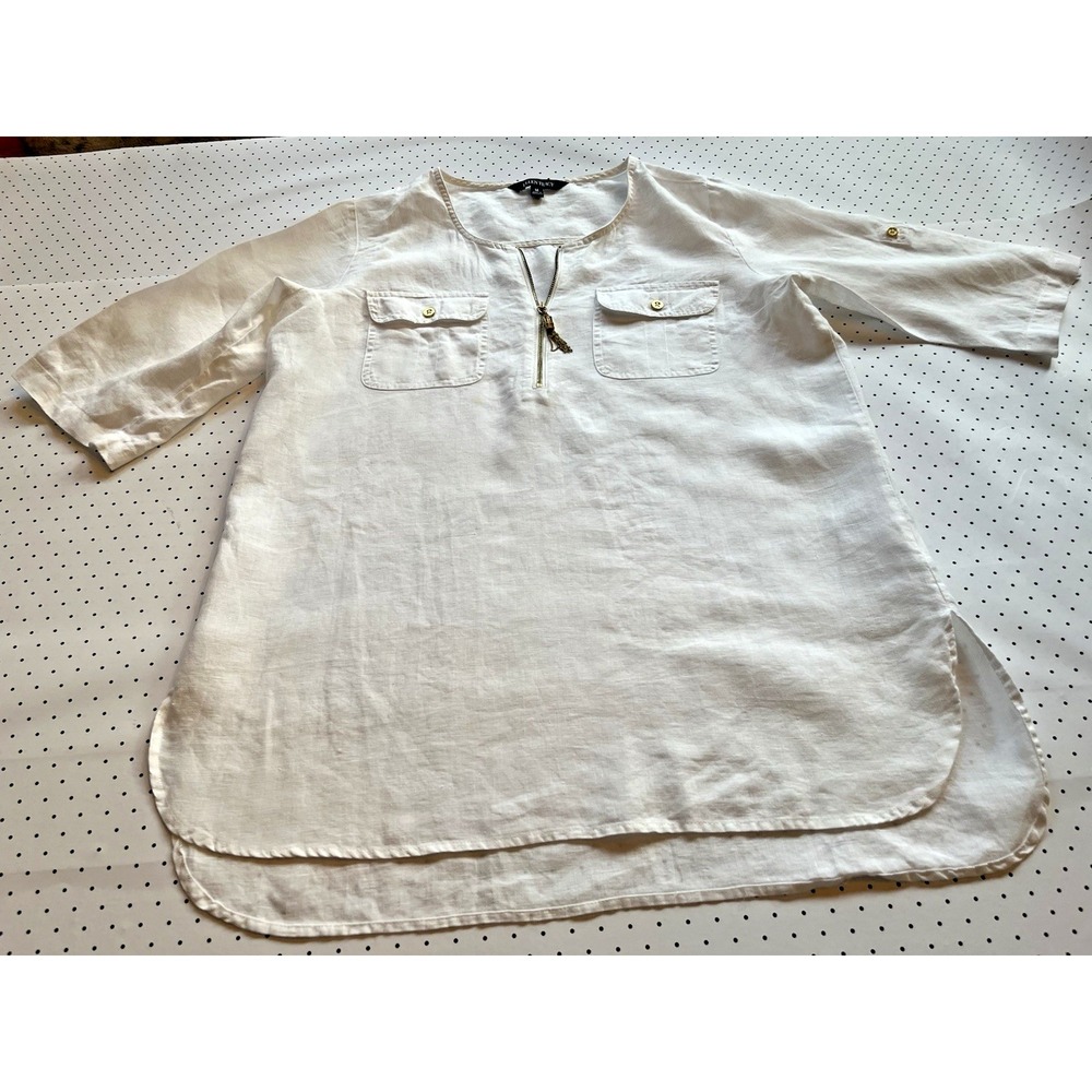 Ellen Tracy White Linen Tunic Blouse Gold Zip Coastal Minimalist Medium Roll Tab